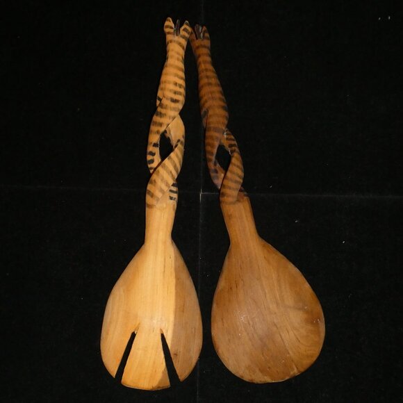 Hand Carved GIRAFFE WOODEN SPOON & FORK (Salad Servers) - Picture 2 of 7